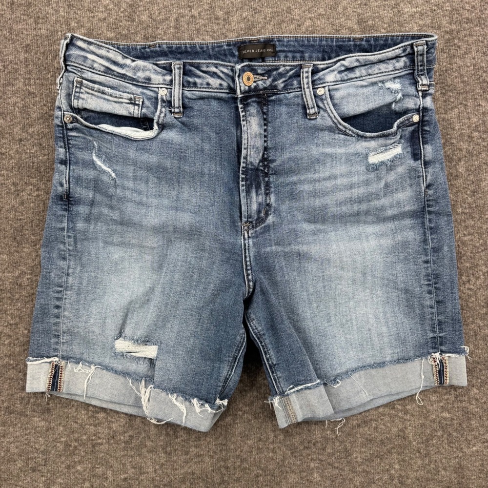 Silver Jeans Co Womens Blue Distressed High Rise Cuffed Denim Shorts 14 Raw hem